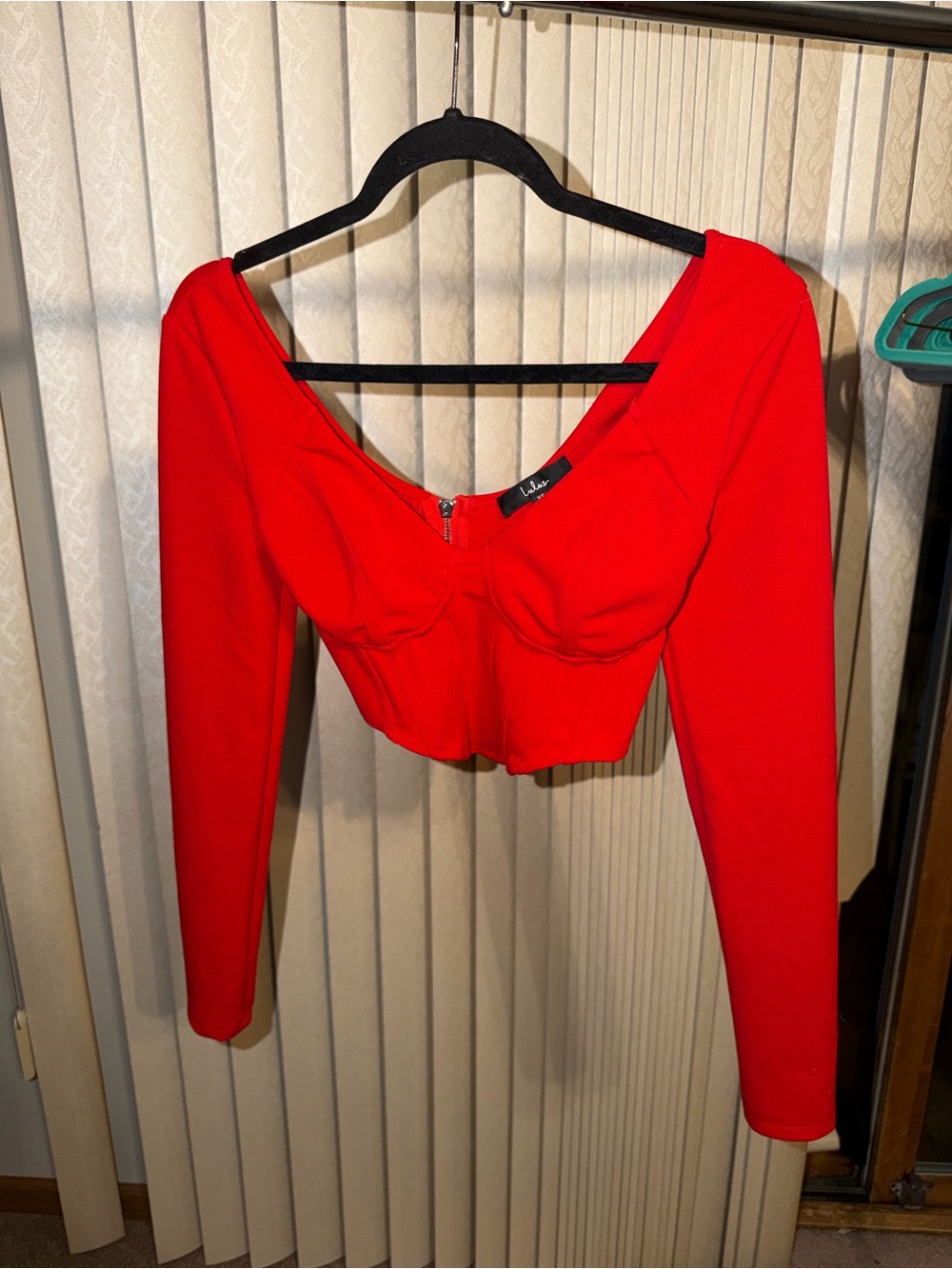 Lulu's Red Long-Sleeve Zip-Front Sweetheart Crop Top with Corset Style